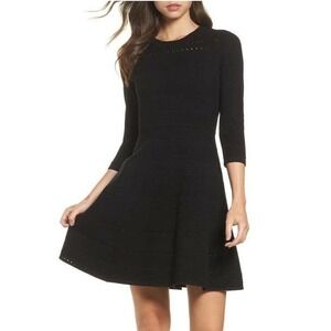 Eliza J Pointelle Knit Fit Flare‎ Dress Women's XL Black Career Feminine Dainty